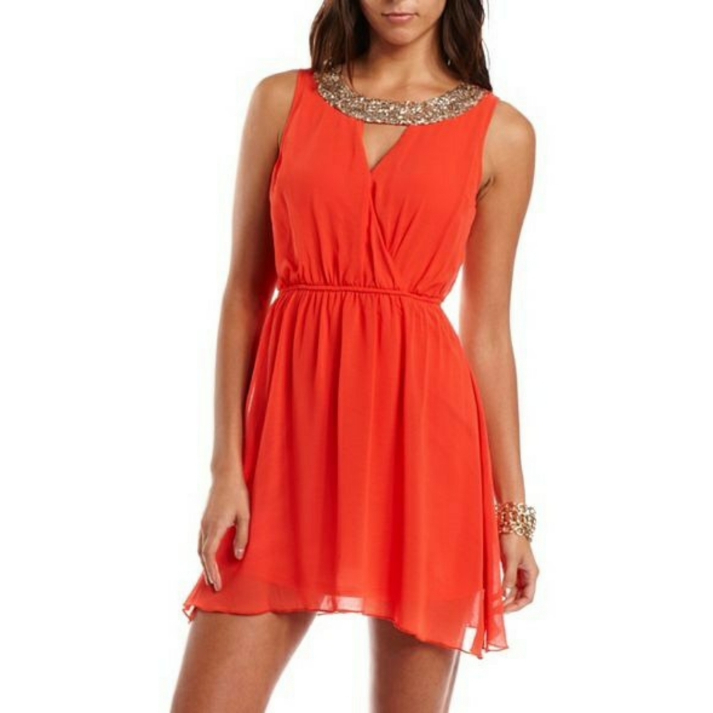 Low Cut Orange Dress With Gold Glitter Detail